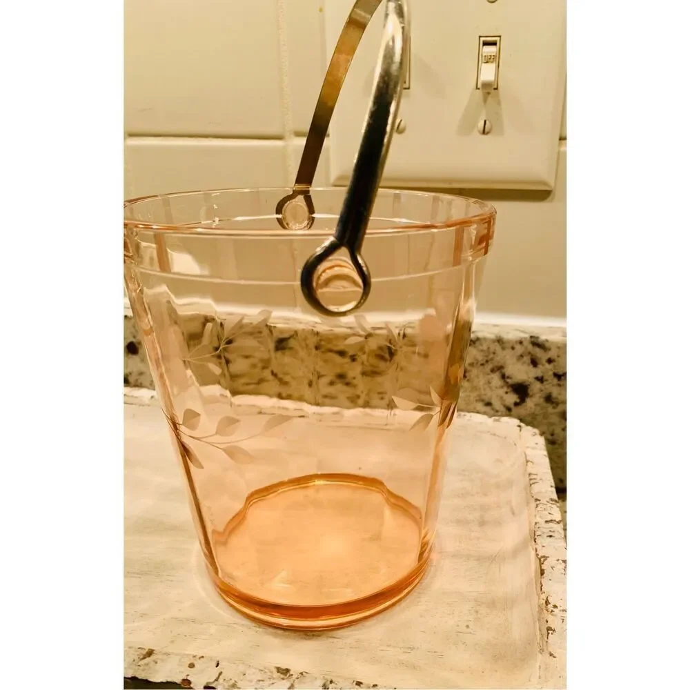 Vintage depression art deco pink etched floral glass ICE BUCKET with handle